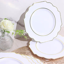 Set Of 10 White Plastic Salad Plates With Gold Rim & Baroque Edges 8 Inch
