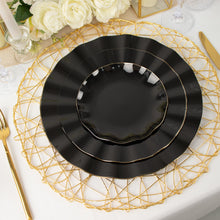 10 Pack | 11 Black Plastic Party Plates With Gold Ruffled Rim, Round Disposable Dinner Plates