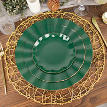 10 Pack | 11 Hunter Emerald Green Plastic Party Plates With Gold Ruffled Rim, Round Disposable Dinn