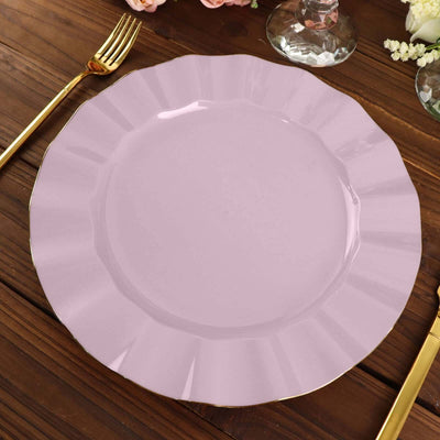 Purple scalloped dinner plate on a wooden table