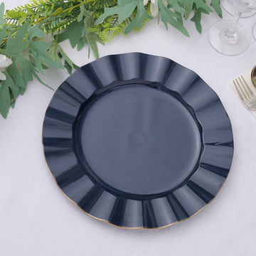Elegant Navy Blue Plastic Party Plates with Gold Ruffled Rim