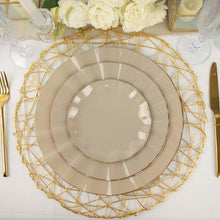 10 Pack | 11 Taupe Plastic Party Plates With Gold Ruffled Rim, Round Disposable Dinner Plates