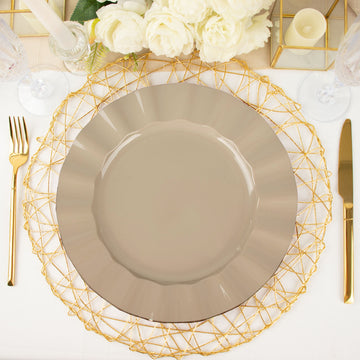 Elegant Taupe Plastic Party Plates with Gold Ruffled Rim