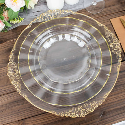 Elegant gold-rimmed clear charger plate for stylish table settings.