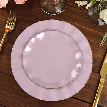 Lavender Lilac Hard Plastic Dessert Plates with Gold Ruffled Rim