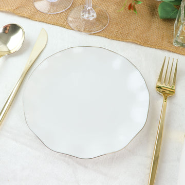 Elegant White Dessert Plates with Gold Ruffled Rim