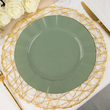 Elegant Dusty Sage Green Dinner Plates with Gold Ruffled Rim