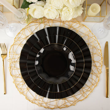 Elevate Your Event with Black Hard Plastic Dinner Plates with Gold Ruffled Rim