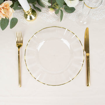Clear Hard Plastic Dinner Plates with Gold Ruffled Rim - Elegant and Durable
