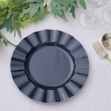 Navy Blue Hard Plastic Dinner Plates with Gold Ruffled Rim - Add Elegance to Your Table