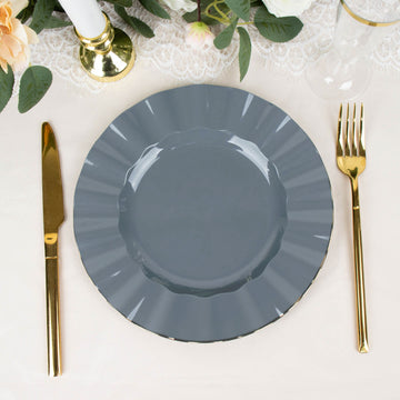 Elevate Your Table Setting with Dusty Blue Hard Plastic Dinner Plates with Gold Ruffled Rim
