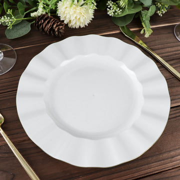 Elegant White Dinner Plates with Gold Ruffled Rim