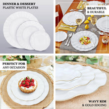9 Inch White Disposable Hard Plastic Round Dessert Plates with Gold Ruffled Rim 10 Pack