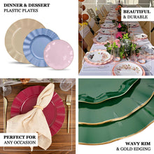 10 Pack | 11 Hunter Emerald Green Plastic Party Plates With Gold Ruffled Rim, Round Disposable Dinn