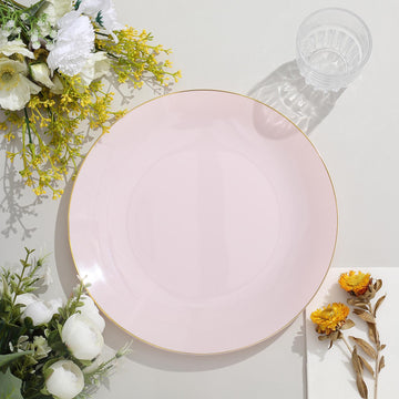 Glossy Blush Round Plastic Dinner Plates with Gold Rim - Add Elegance to Your Special Event