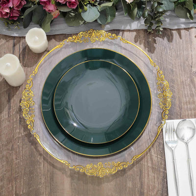 Elegant green plates with gold trim on a decorative charger.