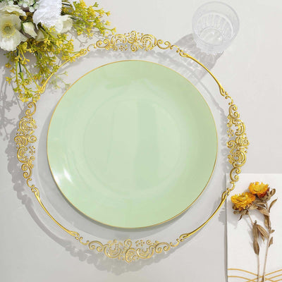 Elegant green plate with gold rim, styled on a decorative charger.