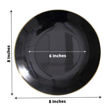 10 Pack - 8 Inch Black Round Dessert Plates with Gold Rim Design