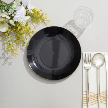 Elegant Glossy Black Round Plastic Dessert Plates with Gold Rim