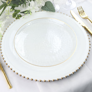 Chic and Elegant Clear Hammered Round Plastic Dinner Plates with Gold Rim
