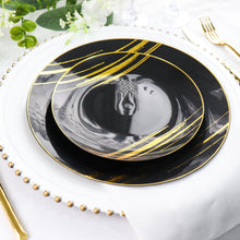 7 Inch Brush Stroked Black & Gold Round Disposable Plastic Party Plates 10 Pack