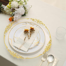 Set of 20 White Plastic Party Plates With Metallic Gold Floral Design, Disposable Round Dinner