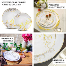 Set of 20 White Plastic Party Plates With Metallic Gold Floral Design, Disposable Round Dinner