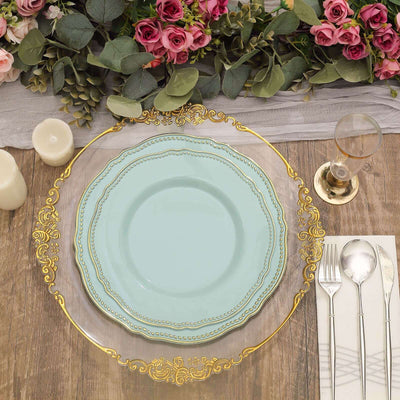 Elegant turquoise plate on a decorative charger with floral decor in the background.