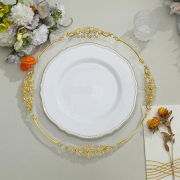 10 Pack White/Gold Scalloped Rim Plastic Dinner Plates