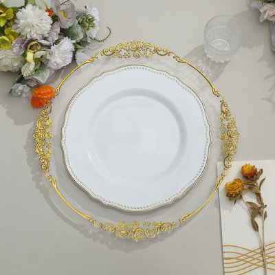 Elegant white plate with ornate gold rim on neutral background.