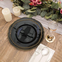 9 Inch Plastic Black And Gold Disposable Dinner Plates In Scalloped Rim Design 10 Pack