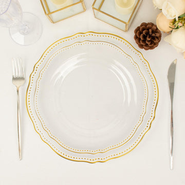 Add Elegance to Your Event with Clear/Gold Scalloped Rim Plastic Dinner Plates