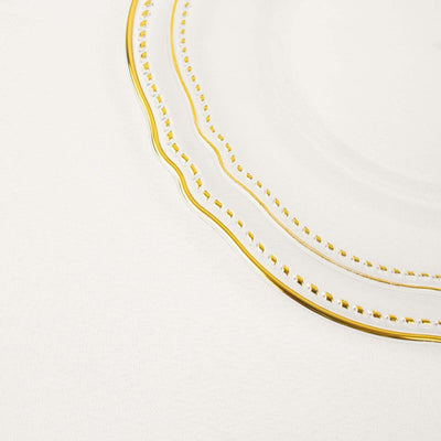 Elegant clear plate with gold trim on a white background.