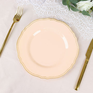 Elegant Nude/Gold Scalloped Rim Plastic Dinner Plates