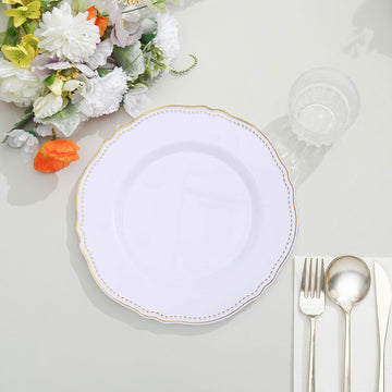 Elegant White/Gold Scalloped Rim Plastic Dinner Plates
