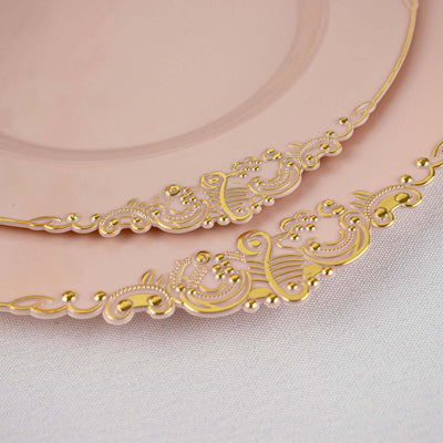 Elegant pink plates with intricate gold detailing.