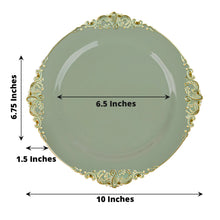 Vintage Dusty Sage Dinner Plastic Plates With Gold Leaf Embossed Rim In 10 Inch Size Wide