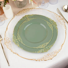 10 Inch Size Vintage Dusty Sage Color Gold Leaf Embossed Rim Dinner Plates