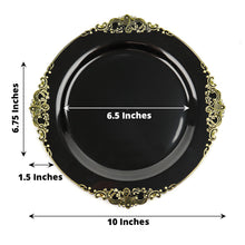 Plastic 10 Inch Round Dinner Plates In Vintage Black With Embossed Gold Baroque Design