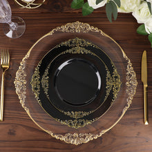 Disposable 10 Inch Plastic Round Plates In Vintage Black With Gold Baroque Embossing