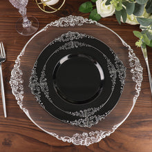 10 Inch Plastic Plates Disposable Round Baroque Style Vintage Black and Silver Embossed Leaf Design 10 Pack