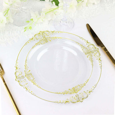 Elegant clear plate with gold floral design, perfect for special occasions.