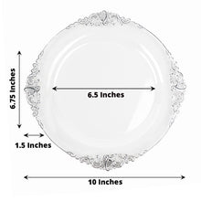 10 Inch Plastic Plates Disposable Round Baroque Style Vintage Clear and Silver Embossed Leaf Design 10 Pack