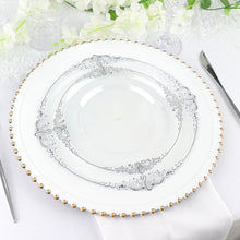 10 Inch Round Baroque Style Vintage Clear and Silver Leaf Embossed Disposable Plastic Plates 10 Pack