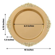 10 Pack | 10inch Round Plastic Dinner Plates in Vintage Gold Leaf Embossed Baroque Disposable Plates