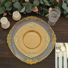 10 Pack | 10inch Round Plastic Dinner Plates in Vintage Gold Leaf Embossed Baroque Disposable Plates