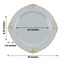 10 Pack Vintage Gray 10 Inch Round Plastic Plates with Gold Leaf Embossed Baroque Design 