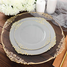 10 Pack Disposable Gold Leaf Embossed Baroque Design Round Dessert Plates in Vintage Gray 10 Inch