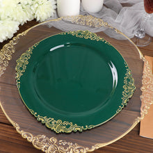 Pack of 10 Gold Leaf Embossed Baroque Design 10 Inch Hunter Emerald Green Round Plastic Plates 