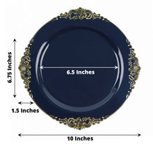 10 Pack Navy Blue 10 Inch Round Plastic Plates with Gold Leaf Embossed Baroque Design 